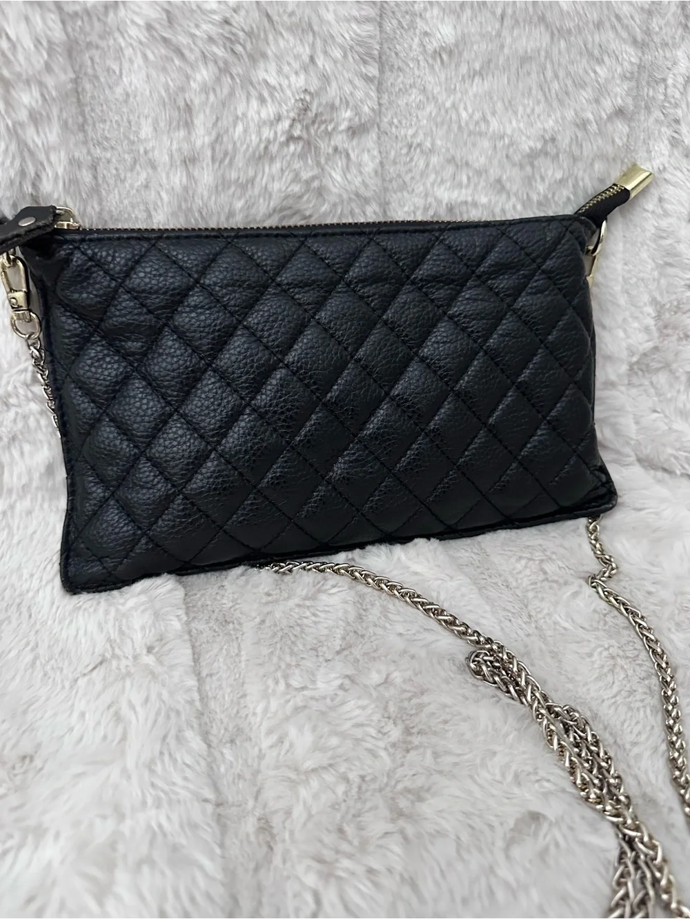 Quilted Black Leather Wristlet Clutch with Silver Chain